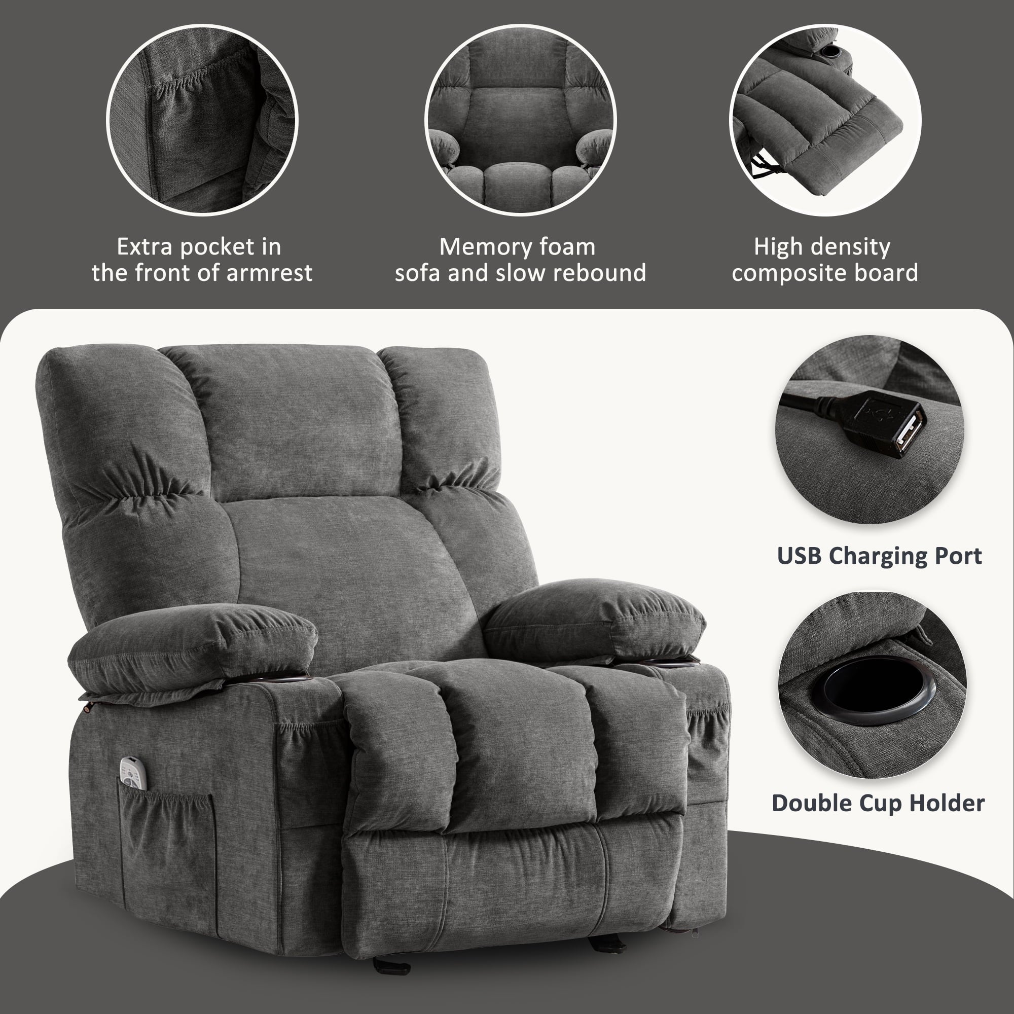 JONPONY Manual Recliner Chair with Heat Therapy and Massage Function. Heavy Duty Reclining Mechanism Massage Chair. Elderly Single Rocker Sofa with Cup Holders for Bedroom Home Theater.Grey