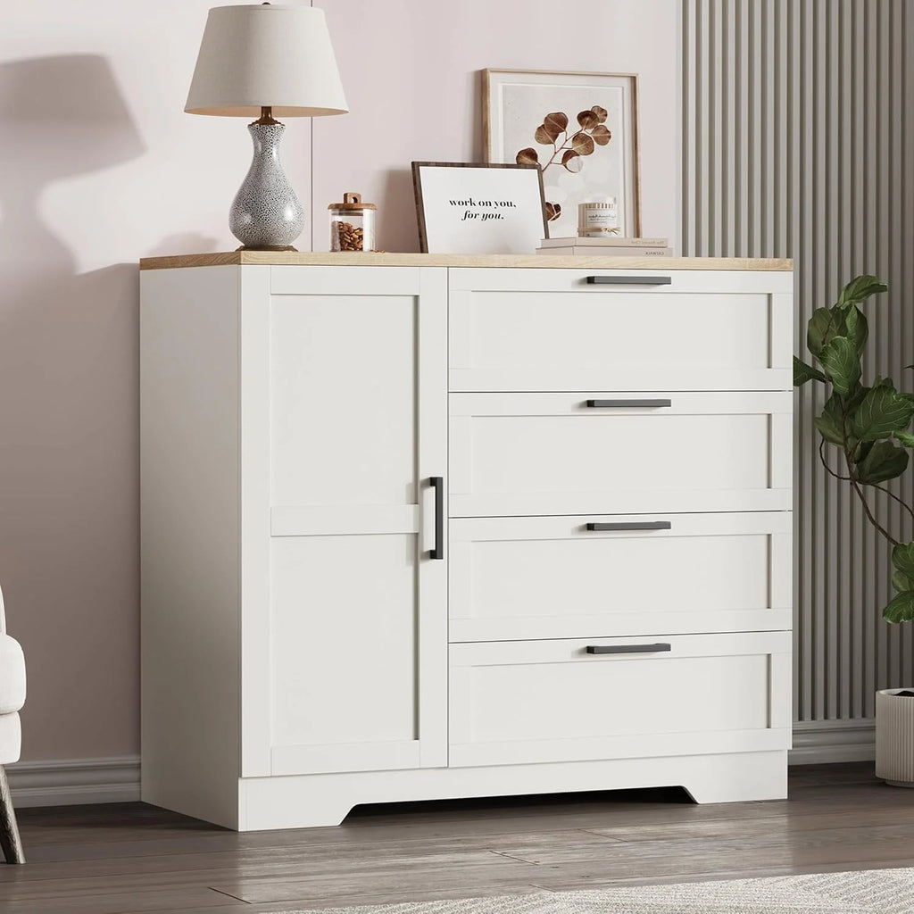 43.3 H Armoire Wardrobe Closet with 4 Drawers & Hanging Rod. Multifunctional Wood Storage Cabinet for Bedroom. Natural Oak