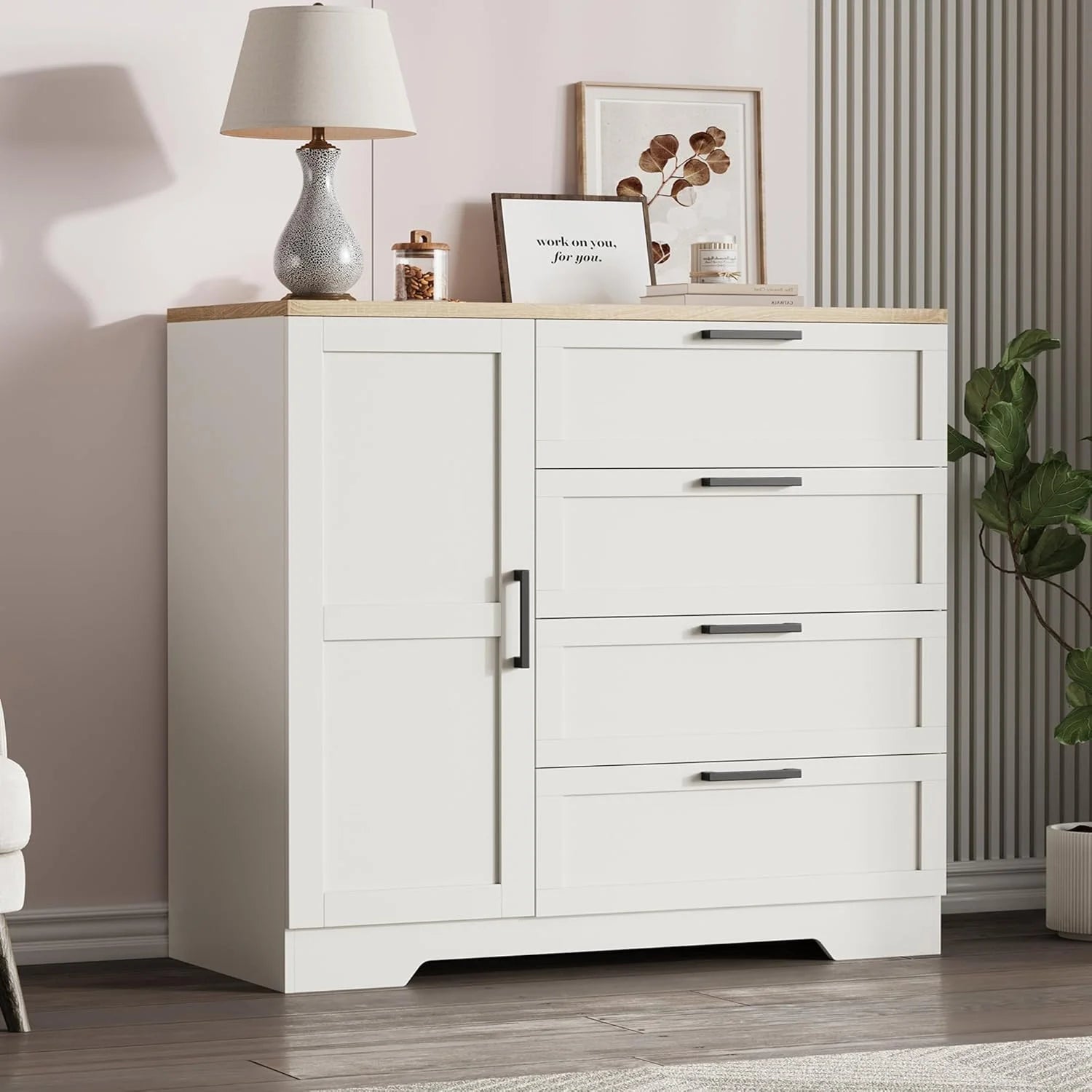 43.3 H Armoire Wardrobe Closet with 4 Drawers & Hanging Rod. Multifunctional Wood Storage Cabinet for Bedroom. Natural Oak
