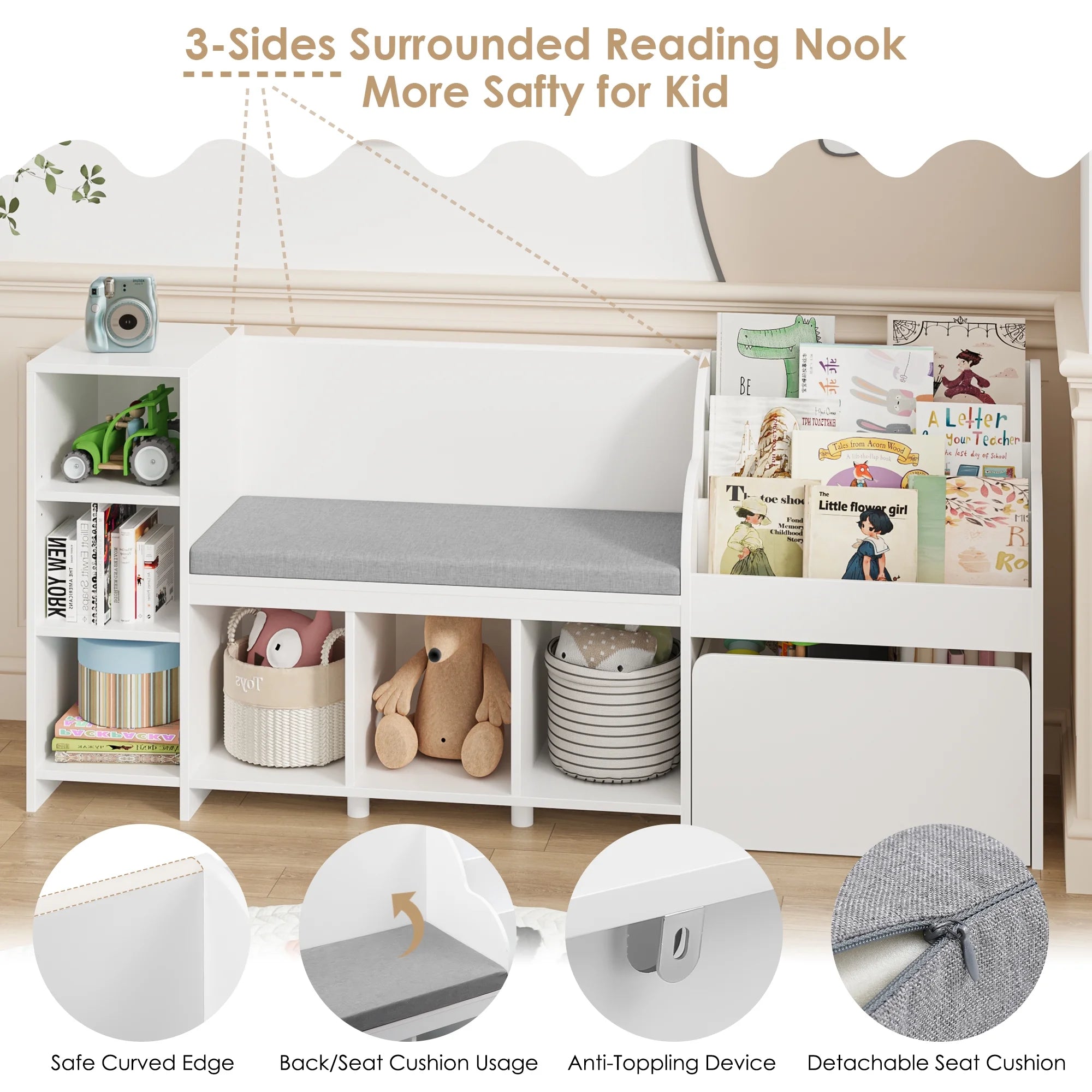 Homfa Kids Bookshelf with Reading Nook. 6 Shelf Bookcase with 1 Wood Toy Bin with 3 Tier Book Rack for Children Kidsroom