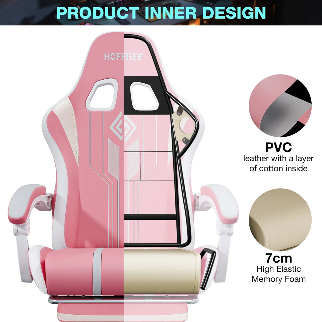 HOFFREE Big and Tall Gaming Chair with Speakers and RGB Lights. Gamer Chair with Footrest. Lumbar Support Height Adjustable 360-Swivel Seat and Headrest for Adults. 400lbs