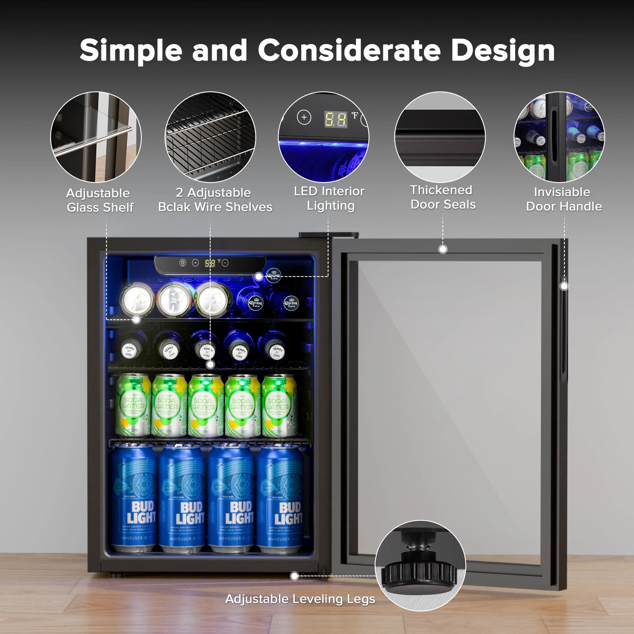 Auseo 1.3 Cu.ft. Mini Beverage Refrigerator Cooler - 55 Can &12 Bottle Mini Fridge with Double Glass Door. for Home/Bar/Office. Electronic touch control