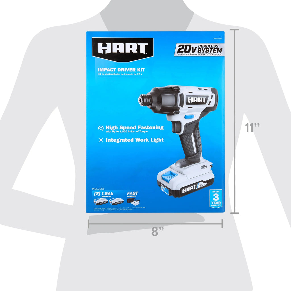 HART 20-Volt Cordless 1/4 Hex Chuck Impact Driver Kit. (2) 1.5Ah Lithium-Ion Batteries. Gen 2