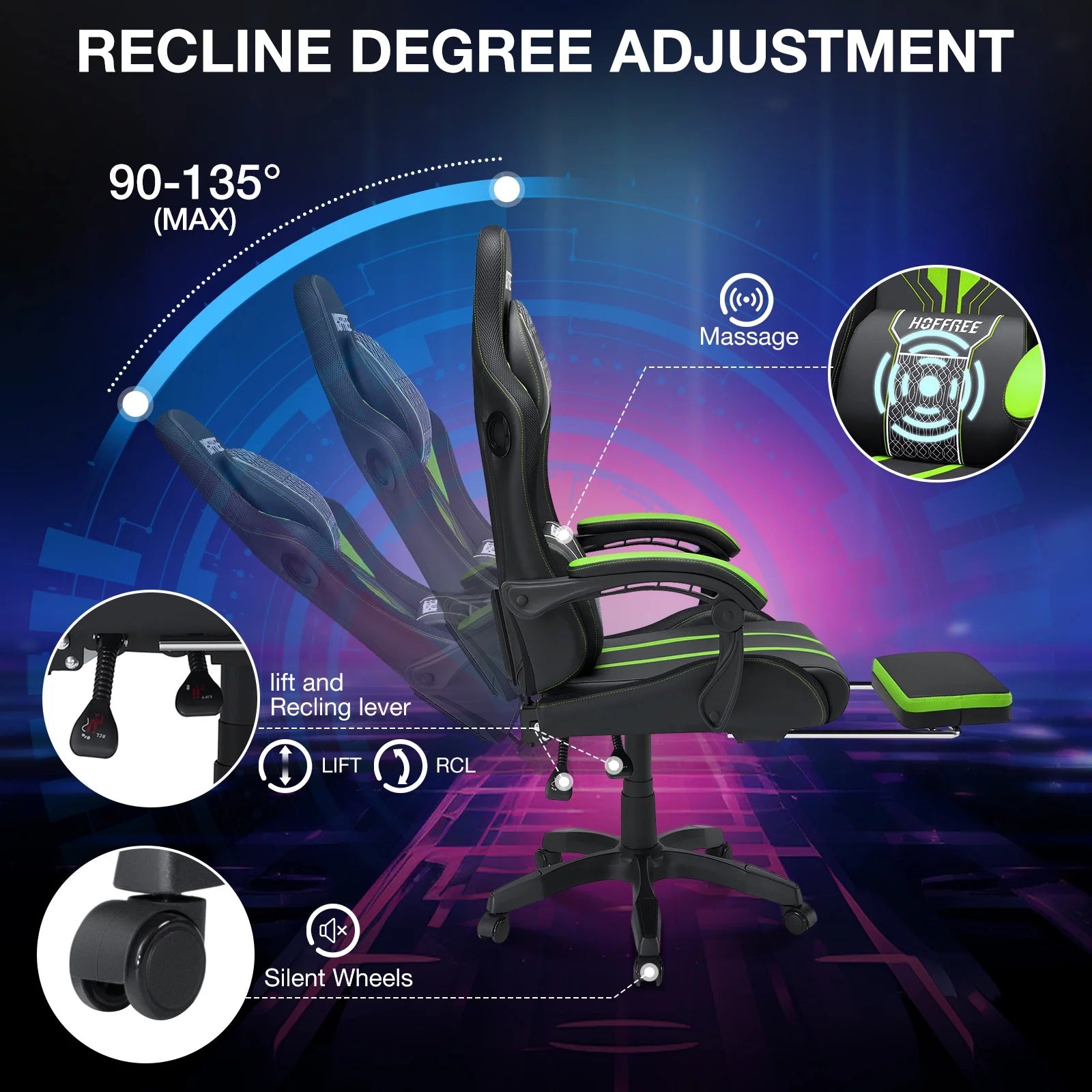 HOFFREE Big and Tall Gaming Chair with Speakers and RGB Lights. Gamer Chair with Footrest. Lumbar Support Height Adjustable 360-Swivel Seat and Headrest for Adults. 400lbs