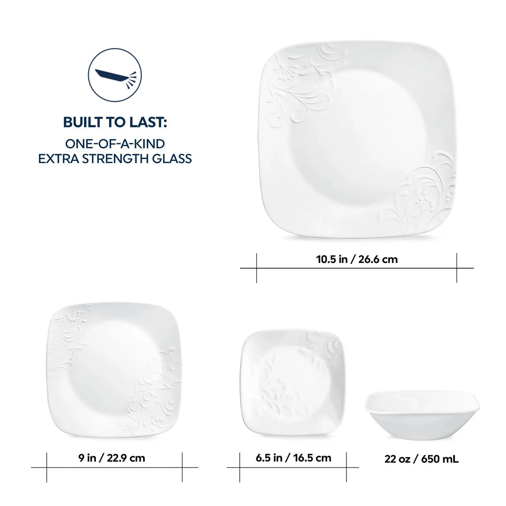 Corelle Cherish 16-Piece Embossed Square Glass Dinnerware Set (Service for 4)