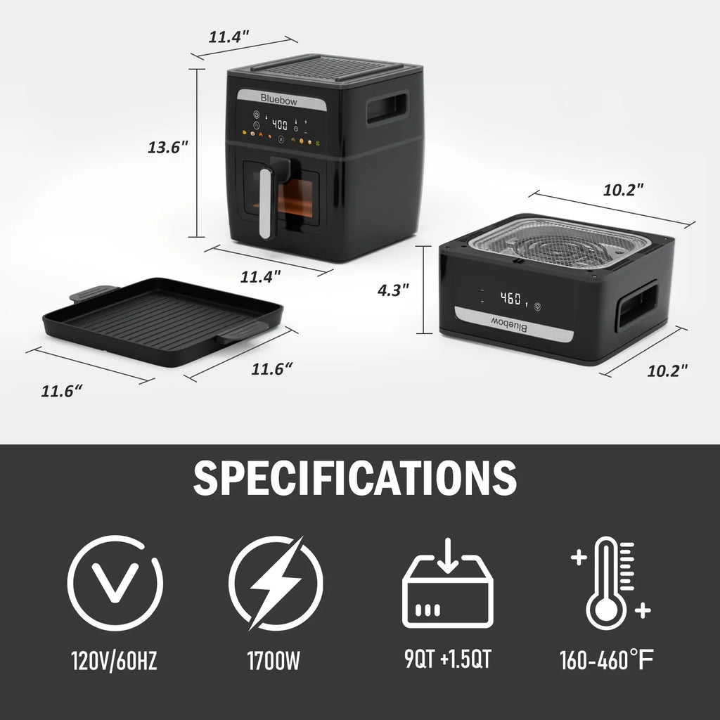 Bluebow 9QT  Air Fryer & Grill Pan Combo. Large Capacity. 8 Preset Functions. Non Toxic. Non-Stick. View Window. Black