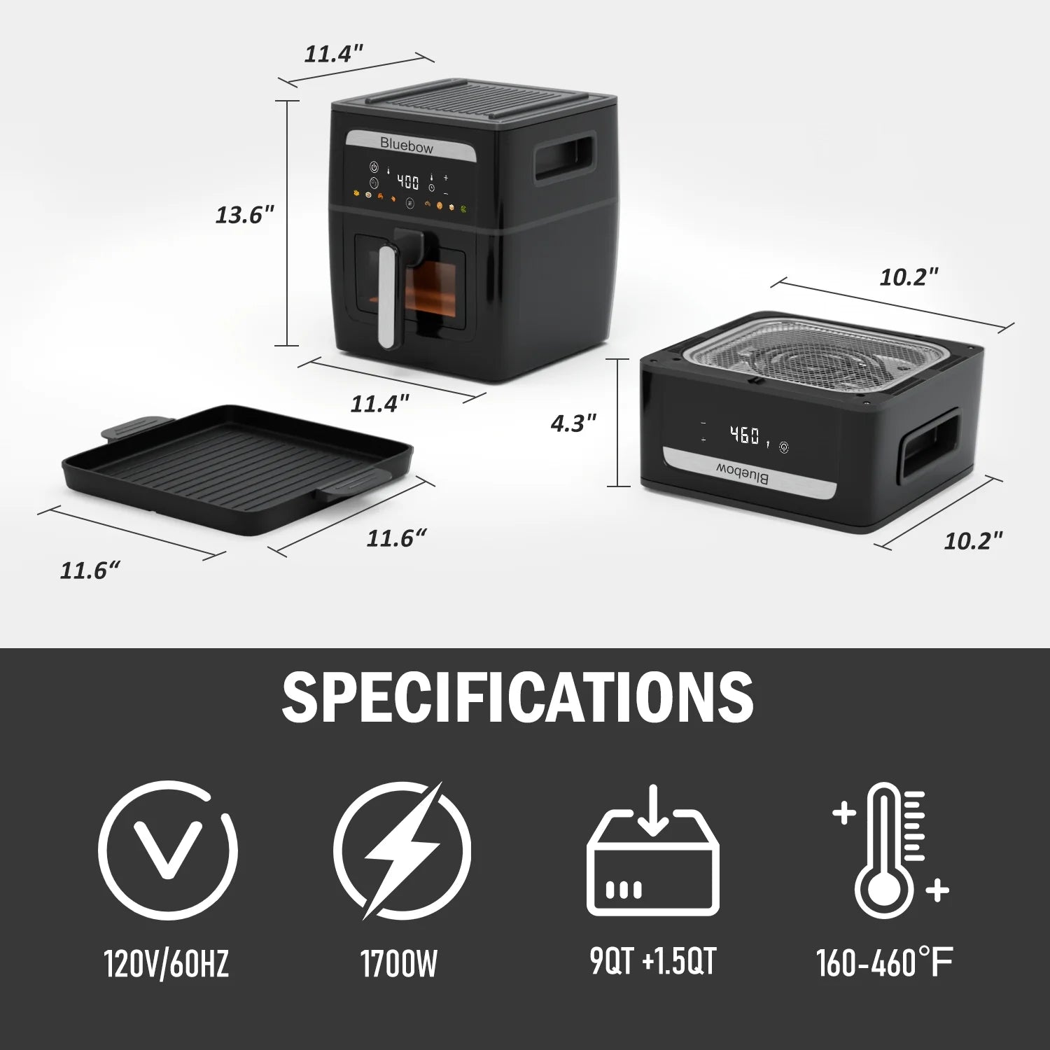 Bluebow 9QT  Air Fryer & Grill Pan Combo. Large Capacity. 8 Preset Functions. Non Toxic. Non-Stick. View Window. Black