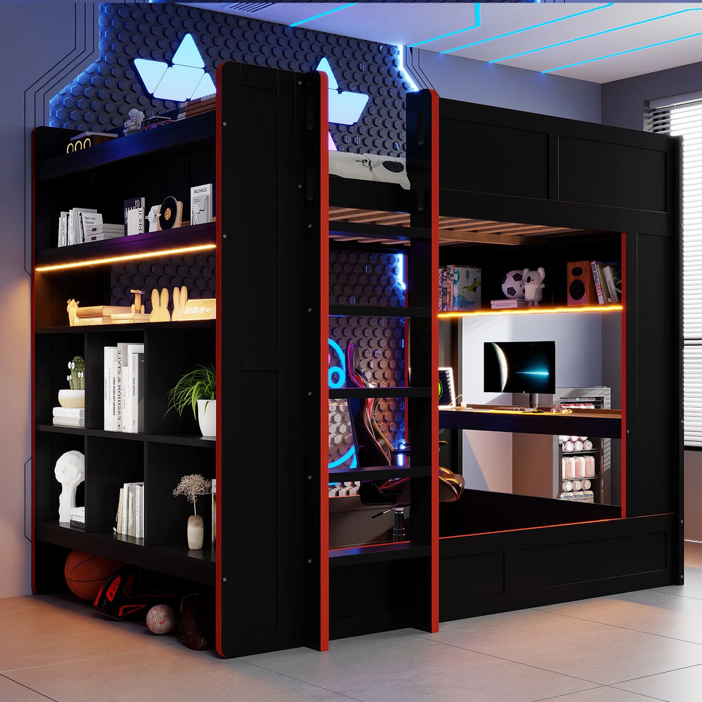 Euroco Wood Full Size Loft Bed with Desk and Shelves. Gaming Bunk Bed with LED Light and USB Charging. Black