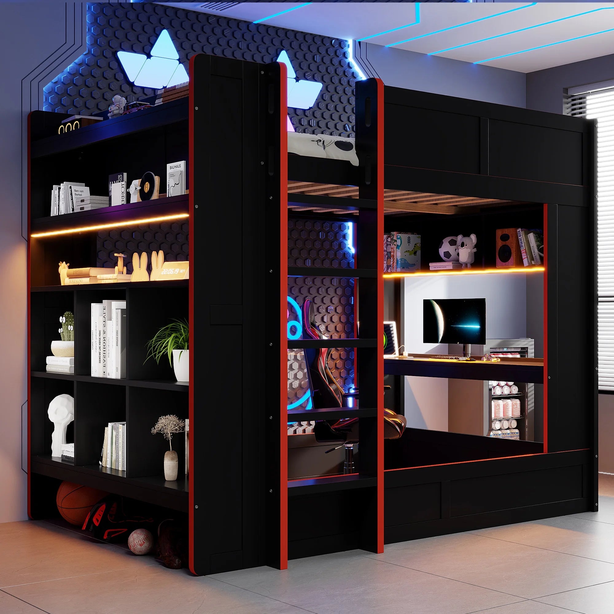 Euroco Wood Full Size Loft Bed with Desk and Shelves. Gaming Bunk Bed with LED Light and USB Charging. Black
