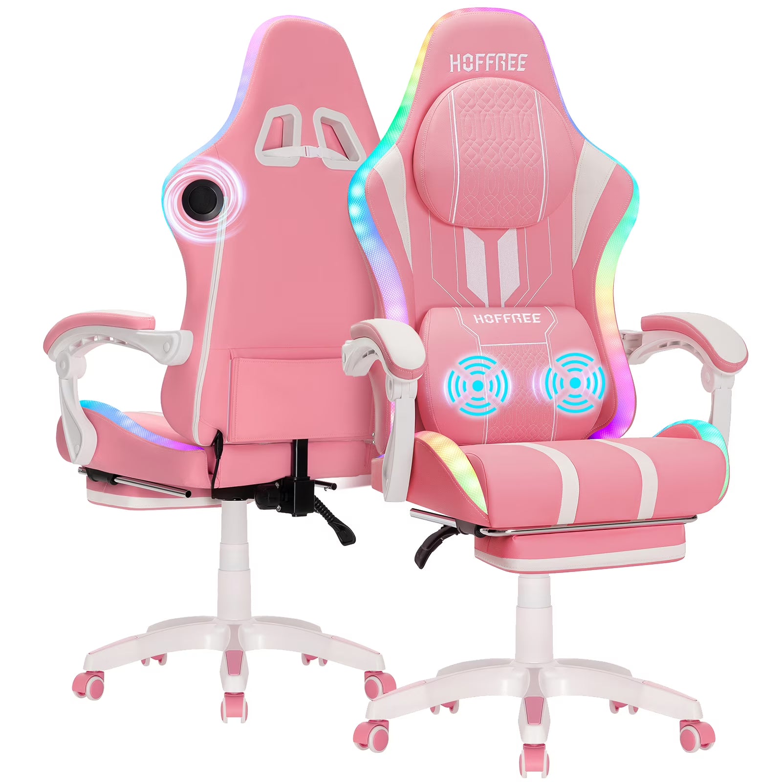 HOFFREE Big and Tall Gaming Chair with Speakers and RGB Lights. Gamer Chair with Footrest. Lumbar Support Height Adjustable 360-Swivel Seat and Headrest for Adults. 400lbs