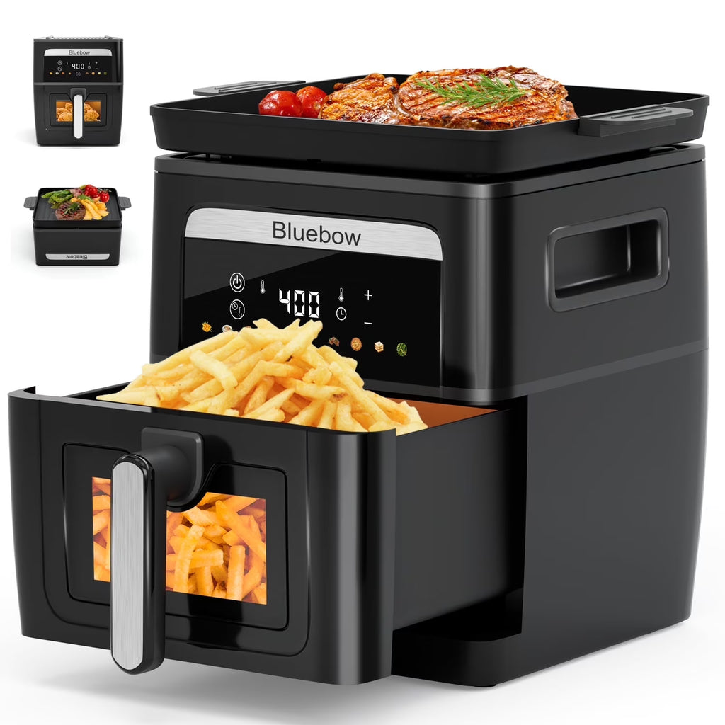Bluebow 9QT  Air Fryer & Grill Pan Combo. Large Capacity. 8 Preset Functions. Non Toxic. Non-Stick. View Window. Black