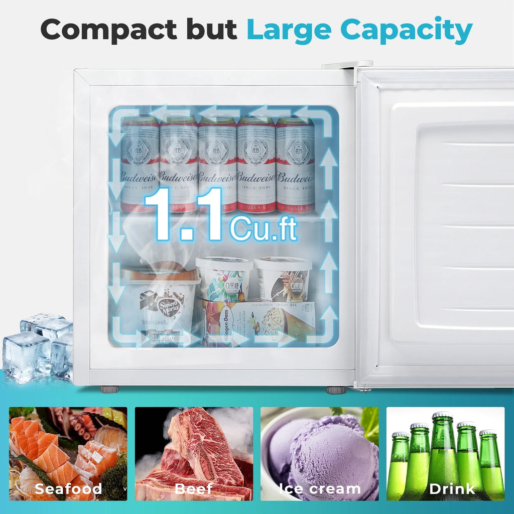 WAA Mini Freezer.1.1 Cu.ft Upright Freezer with Reversible Single Door.Removable Shelves.Small Freezer with Adjustable Thermostat for Home/Kitchen/Office (White)