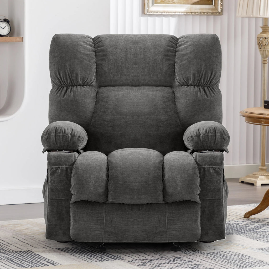 JONPONY Manual Recliner Chair with Heat Therapy and Massage Function. Heavy Duty Reclining Mechanism Massage Chair. Elderly Single Rocker Sofa with Cup Holders for Bedroom Home Theater.Grey