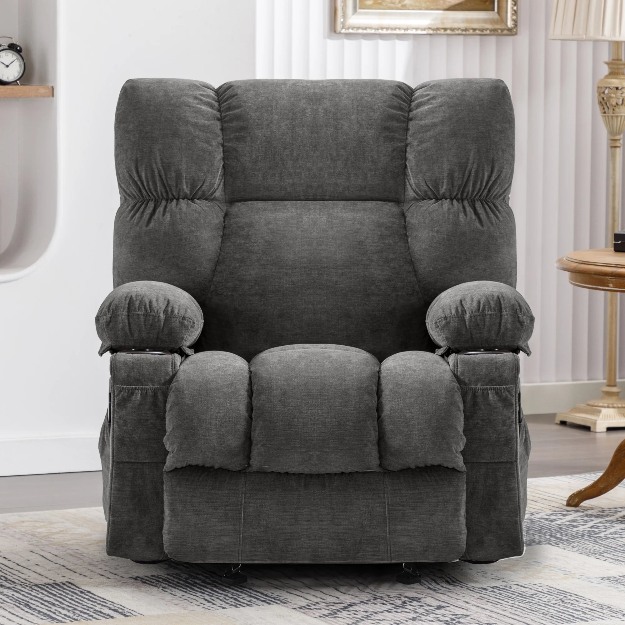 JONPONY Manual Recliner Chair with Heat Therapy and Massage Function. Heavy Duty Reclining Mechanism Massage Chair. Elderly Single Rocker Sofa with Cup Holders for Bedroom Home Theater.Grey