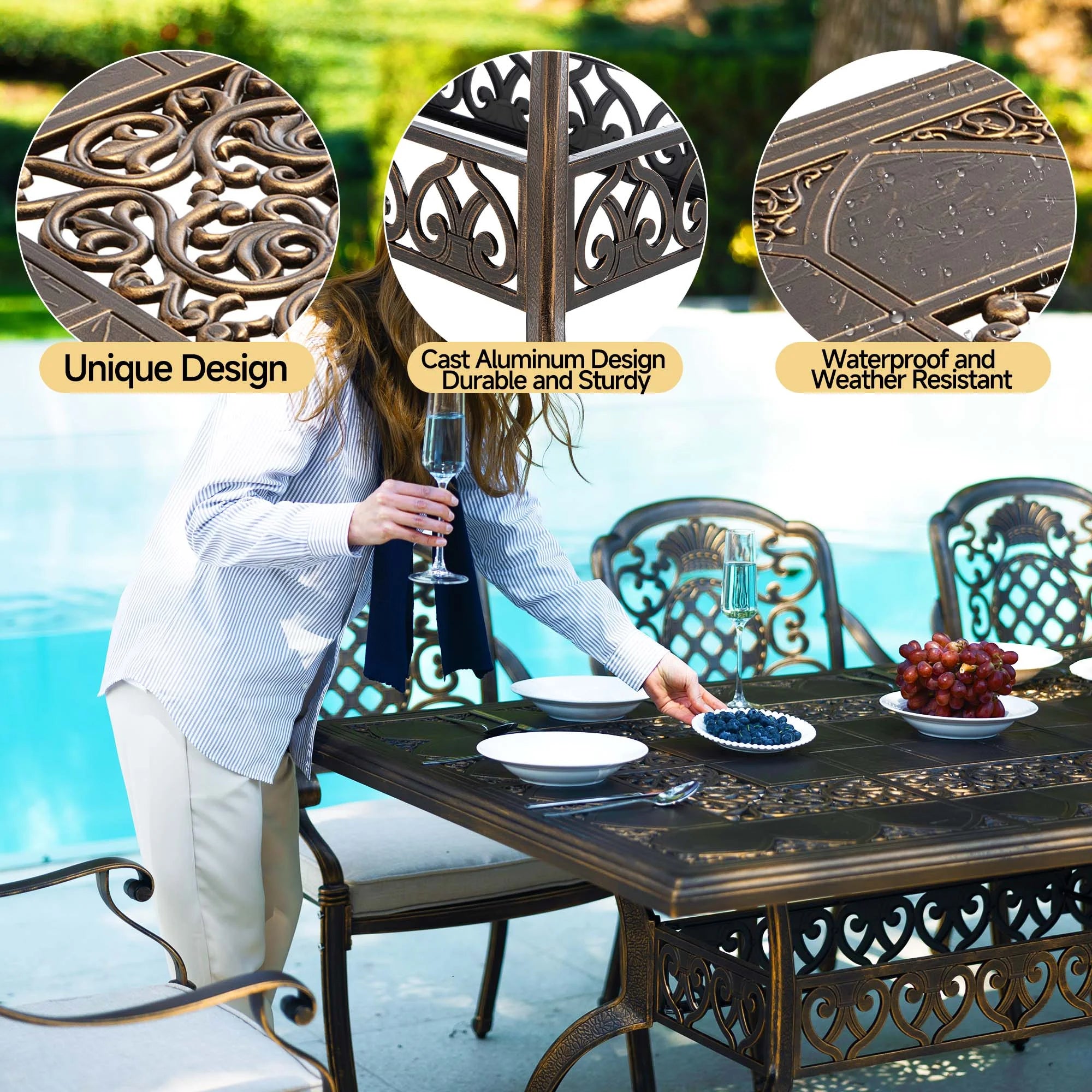 7-Piece Patio Furniture Dining Set. All-Weather Cast Aluminum Outdoor Table and Chairs for 6. Includes 4 Dining Chair & 2 Swivel Chairs & 60���� Rectangular Table. Beige