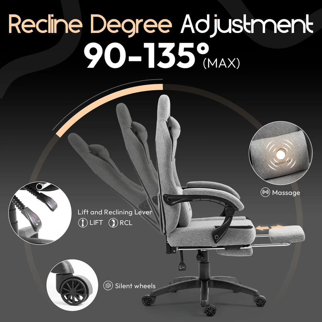GOOSEA Fabric Gaming Chair with Pocket Spring Cushion. Breathable Computer Chair with Massage Lumbar Support and Footrest. High Back Office Chair for Adults. 300lbs. Grey