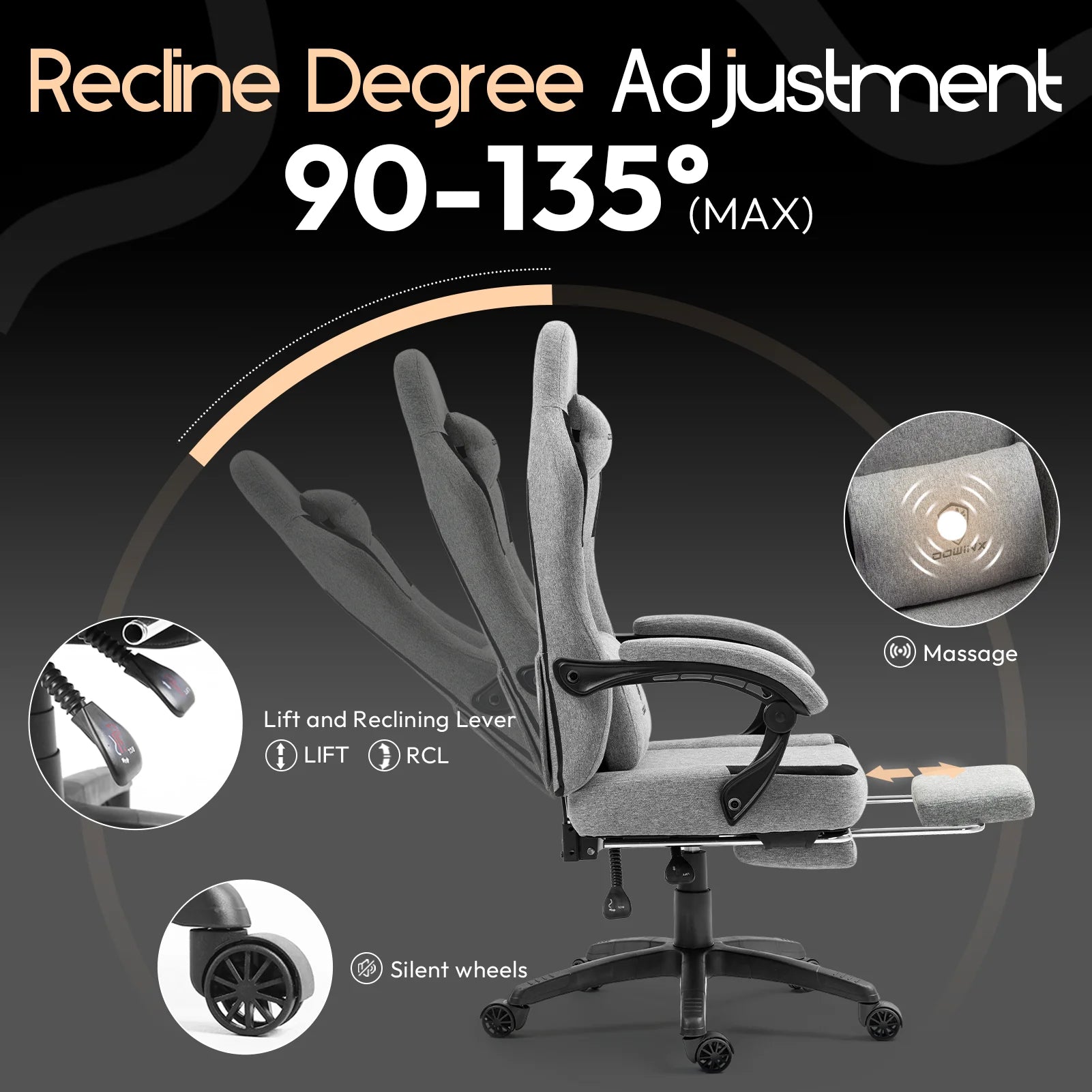 GOOSEA Fabric Gaming Chair with Pocket Spring Cushion. Breathable Computer Chair with Massage Lumbar Support and Footrest. High Back Office Chair for Adults. 300lbs. Grey