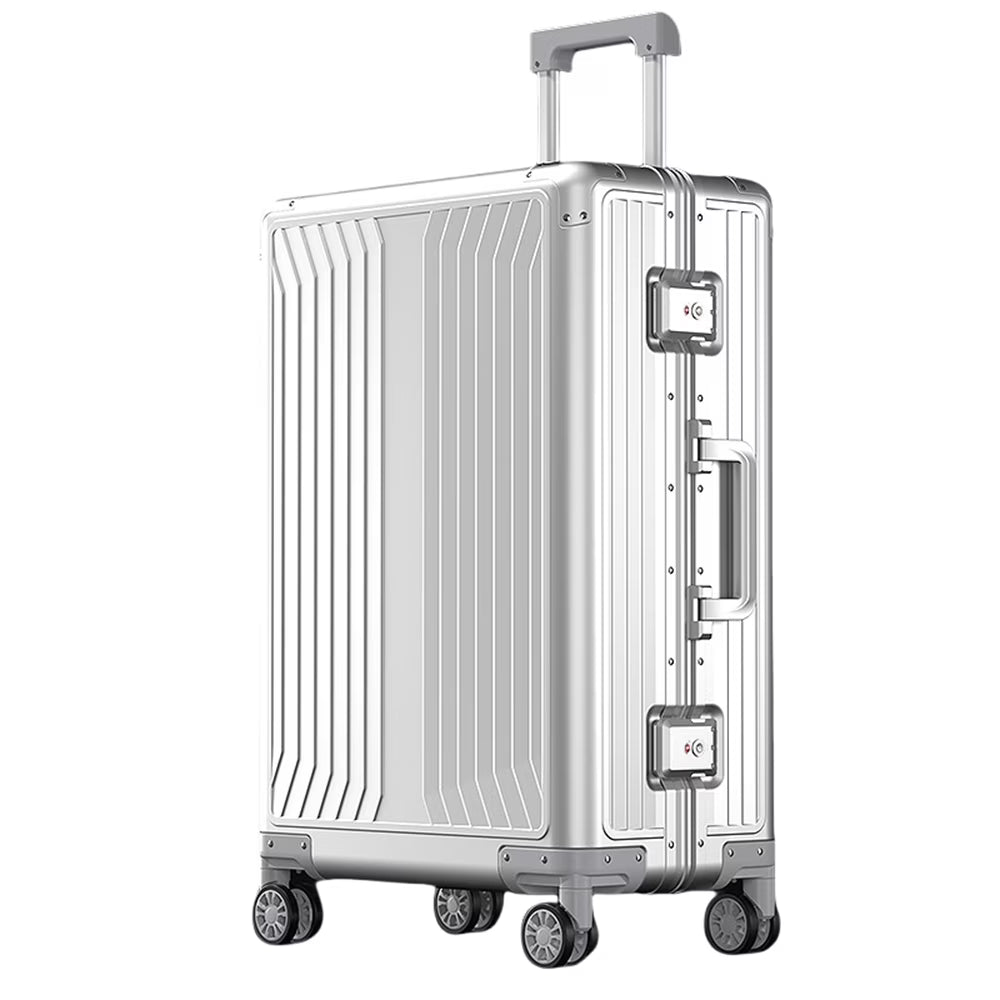 All Aluminum Magnesium Hardshell Carry on Luggage with Wheels. Modern Zipperless Hardshell Checked Luggage with TSA Lock. Airline Approved Metal Suitcase Travel Metal Rolling Luggage