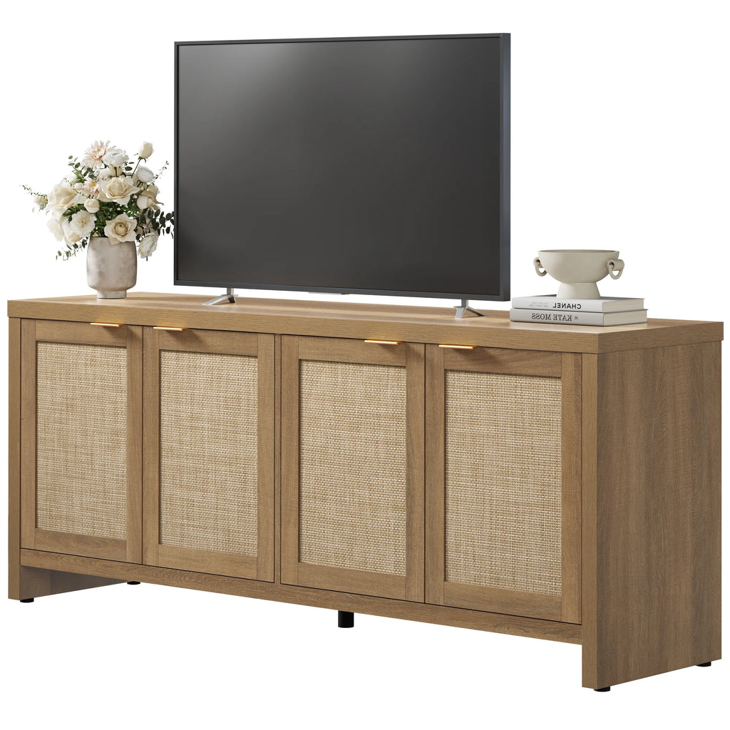 SICOTAS 61.5W Rattan TV Stand with 4 Doors. Boho Entertainment Center with Adjustable Shelves & Spacious Countertop �C Large Boho Farmhouse Media Console for Living Room. Reclaimed Caramel Oak