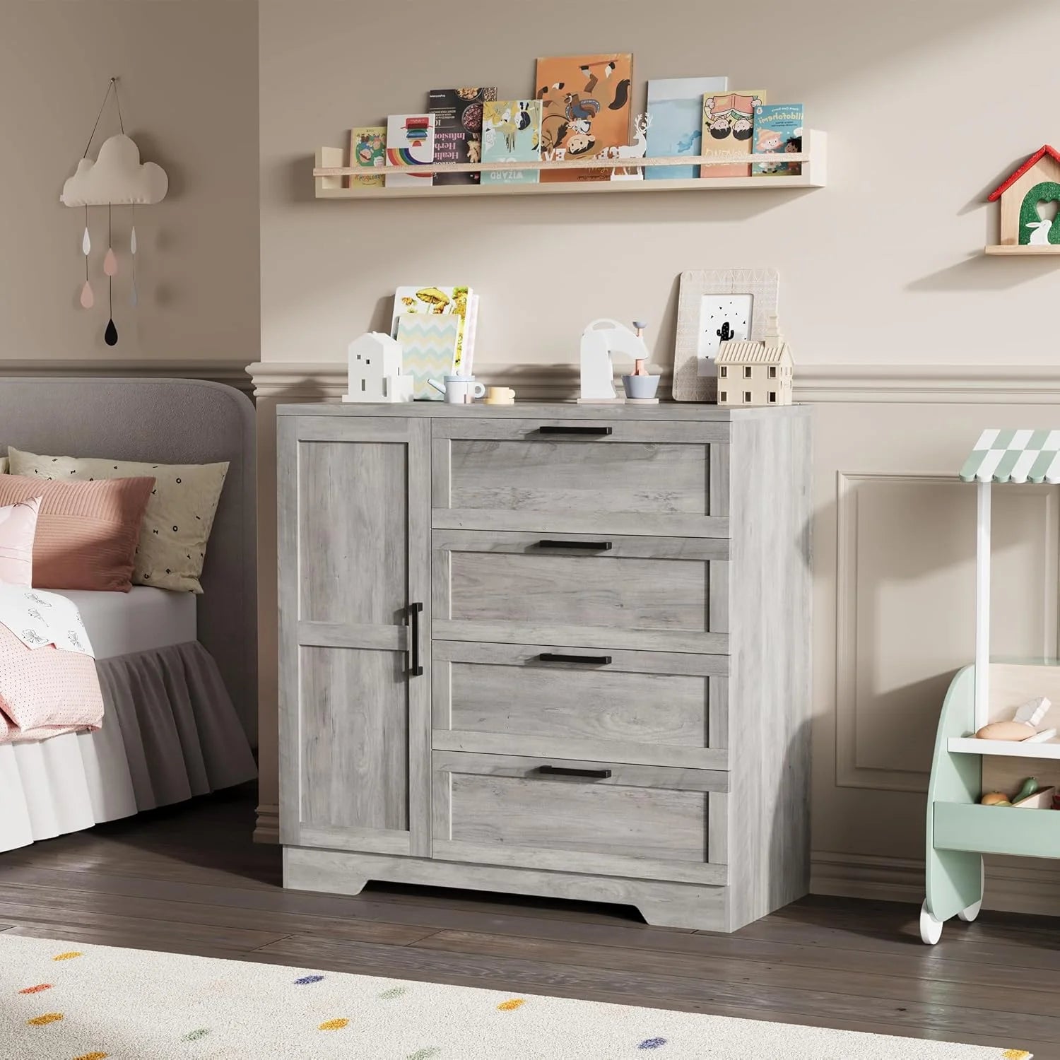 43.3 H Armoire Wardrobe Closet with 4 Drawers & Hanging Rod. Multifunctional Wood Storage Cabinet for Bedroom. Natural Oak