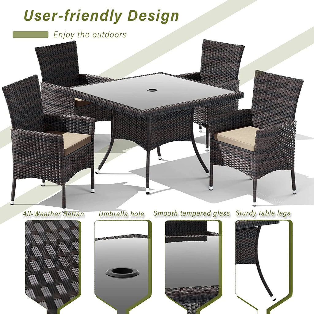 ALAULM 5 Pieces Patio Dining Set Outdoor Rattan Furniture with Square Glass Tabletop 4 Chairs with Cushions for Patio. Backyard Outdoor Kitchen Lawn & Garden Blue