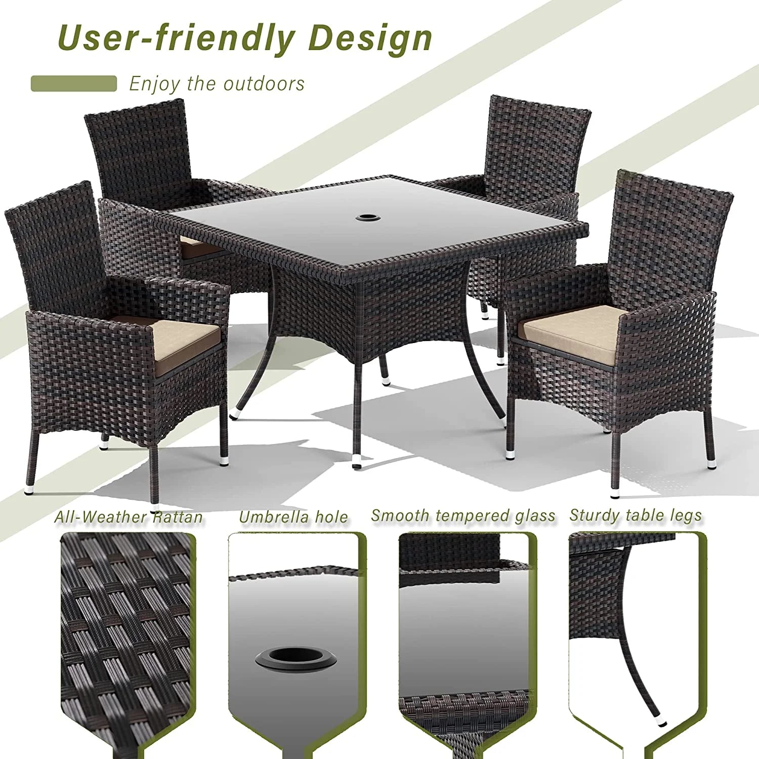 ALAULM 5 Pieces Patio Dining Set Outdoor Rattan Furniture with Square Glass Tabletop 4 Chairs with Cushions for Patio. Backyard Outdoor Kitchen Lawn & Garden Blue