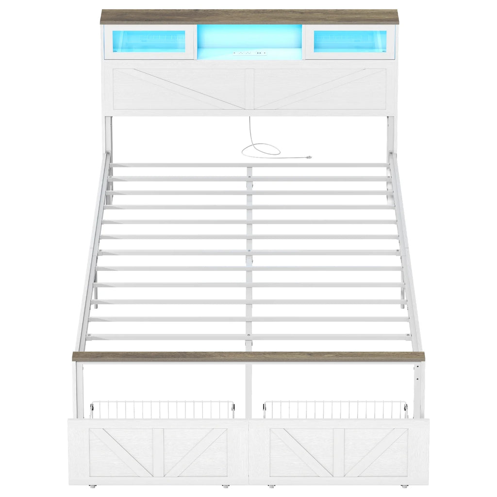 Full Size Bed Frame with Headboard. Full Bed Frame with Charging Station. LED Beds with 2 Storage Drawers.  Wood Farmhouse Bedframe. White