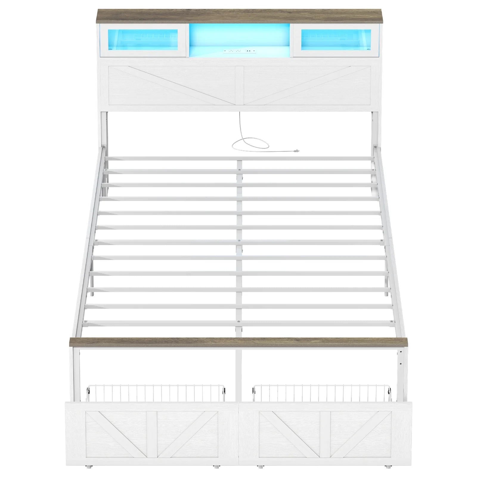 Full Size Bed Frame with Headboard. Full Bed Frame with Charging Station. LED Beds with 2 Storage Drawers.  Wood Farmhouse Bedframe. White