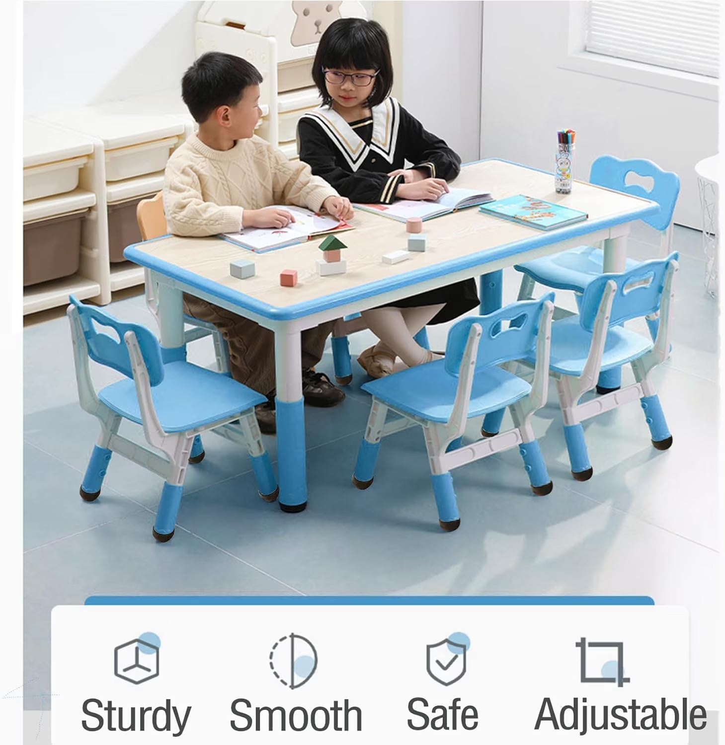 TROPOW Kids Table and Chairs.Height Adjustable Toddler Table and 6 Chair.Multi-Activity Table with Graffiti Desktop Non-Slip Legs for Ages 2-10.Children Activity Table for Daycare.Classroom.Blue