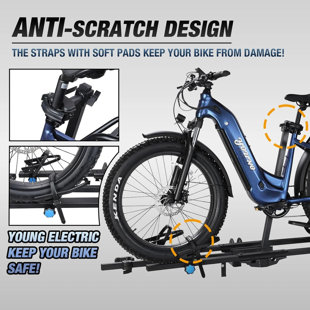 Young Electric Ebike Rack. 200lb Capacity. Alloy Steel Hitch Mount. Fits 5-Inch Fat Tire Bikes. 2-Inch Receiver