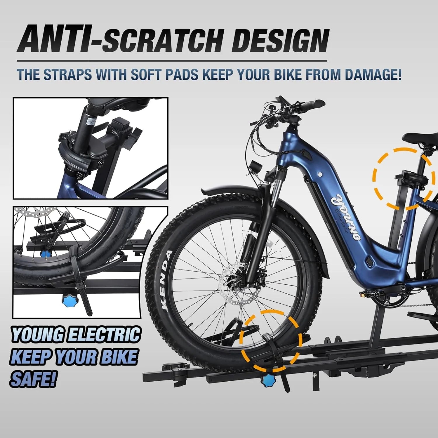 Young Electric Ebike Rack. 200lb Capacity. Alloy Steel Hitch Mount. Fits 5-Inch Fat Tire Bikes. 2-Inch Receiver