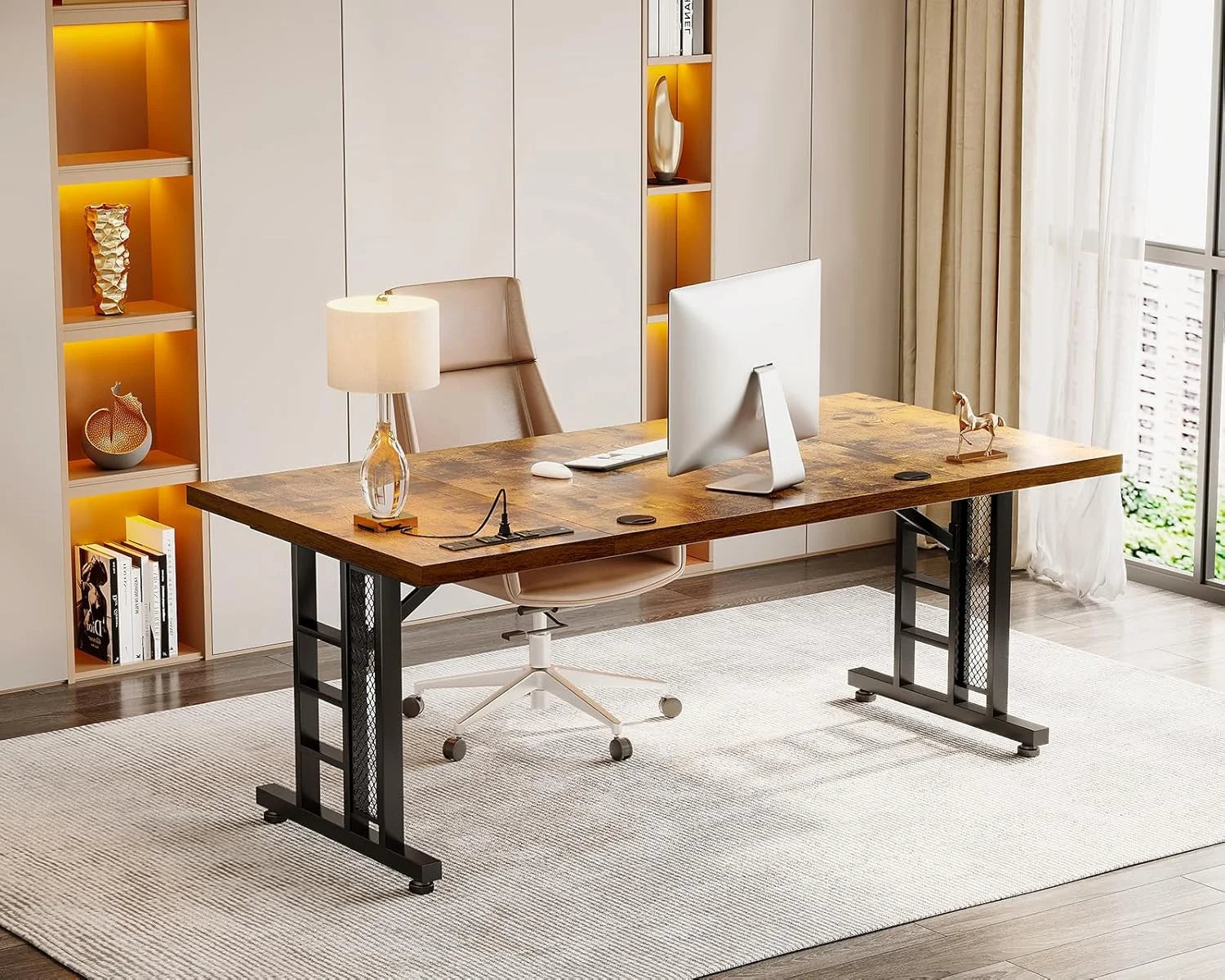 Coleshome 71 Inch Executive Desk with USB Ports. Large Computer Desk with Extra Thick. Long Mordern Office Desk. Workstation Business Furniture for Home Office. Vintage