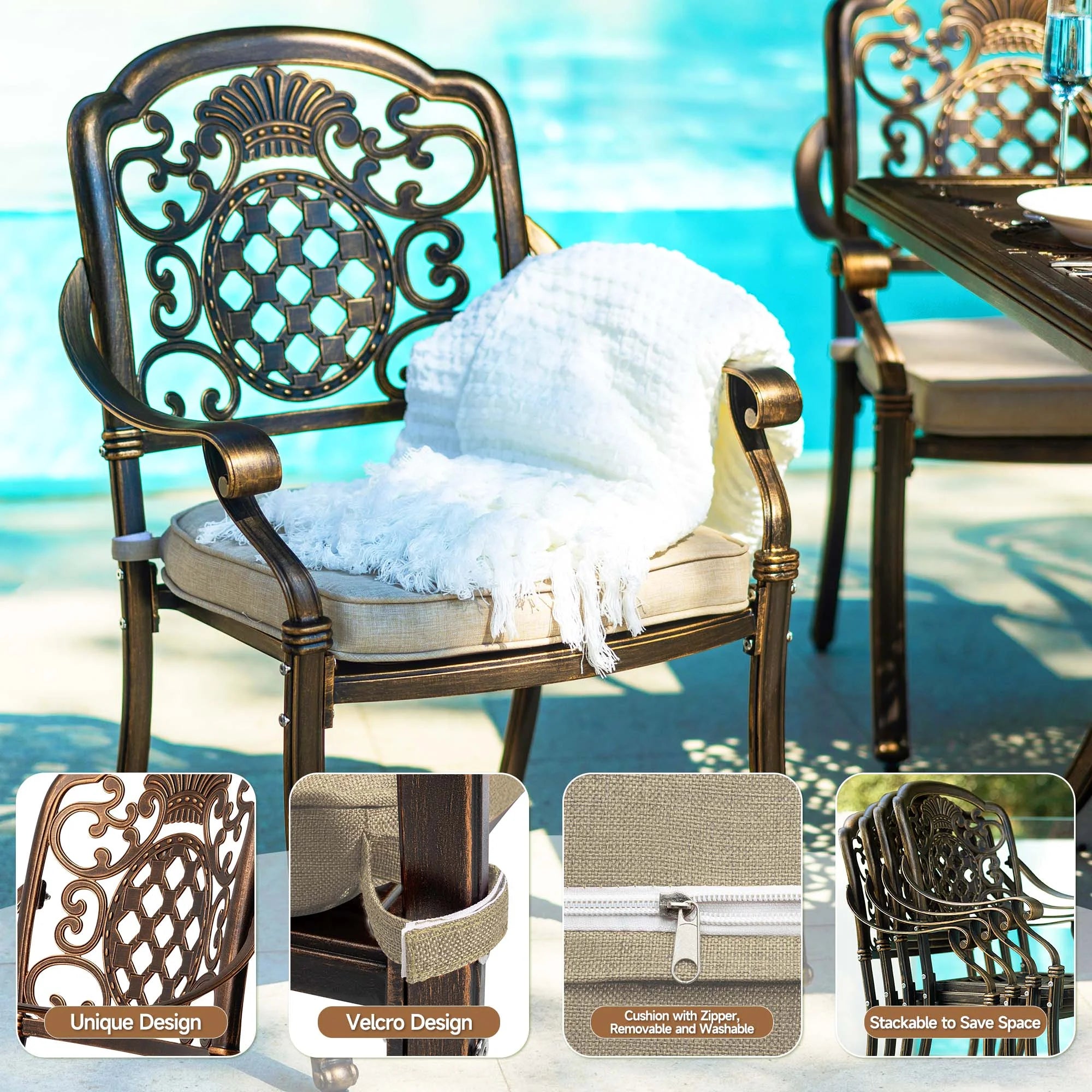 7-Piece Patio Furniture Dining Set. All-Weather Cast Aluminum Outdoor Table and Chairs for 6. Includes 4 Dining Chair & 2 Swivel Chairs & 60���� Rectangular Table. Beige