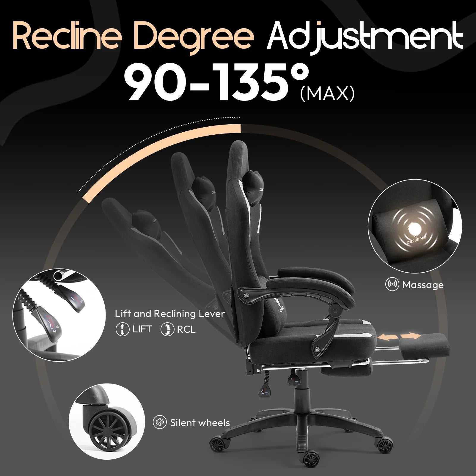 GOOSEA Fabric Gaming Chair with Pocket Spring Cushion. Breathable Computer Chair with Massage Lumbar Support and Footrest. High Back Office Chair for Adults. 300lbs. Grey