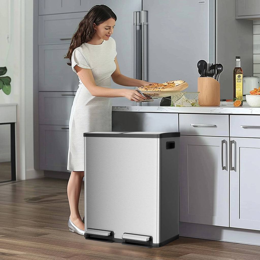 JOINSUN Trash Can. 2 x 8.3 Gallon Double Deck Trash Recycling Bin. Kitchen Bin. Silver