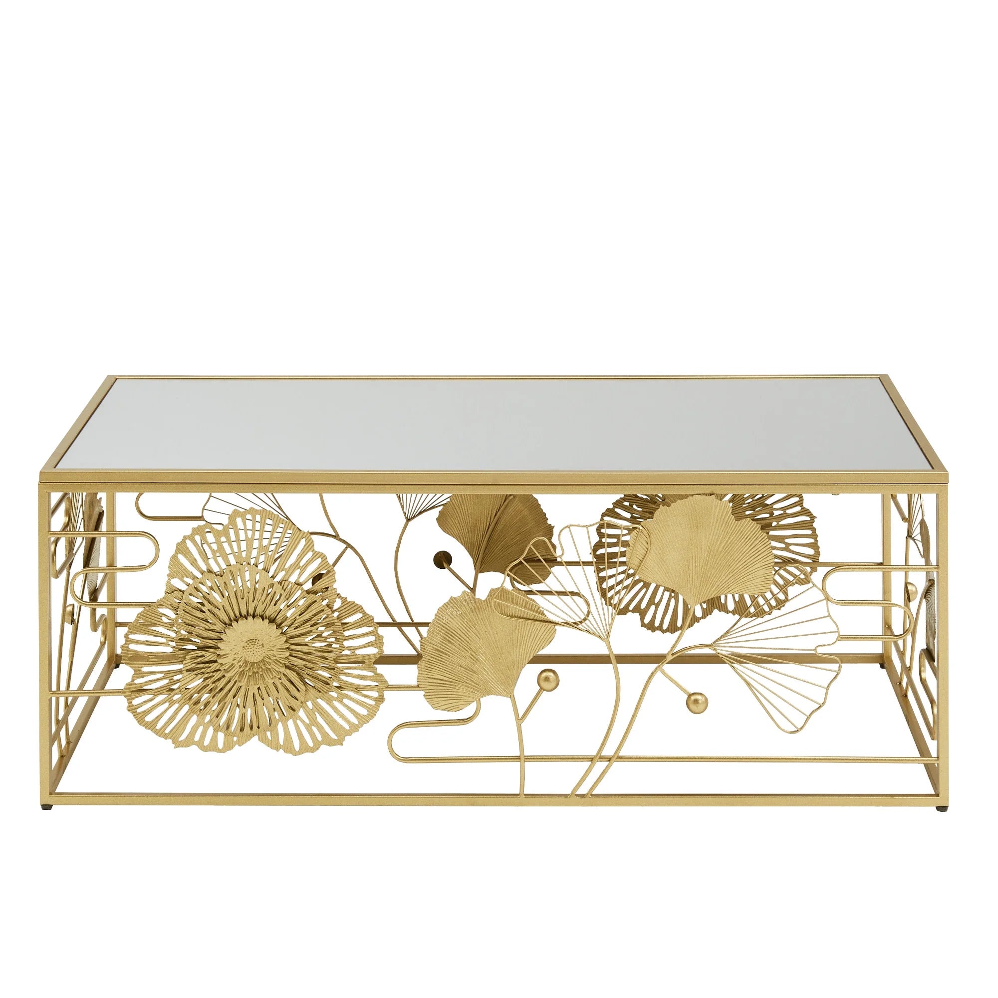 Weston Home Ditmas Glam Peony and Ginkgo Rectangular Coffee Table with Mirror Top. Gold