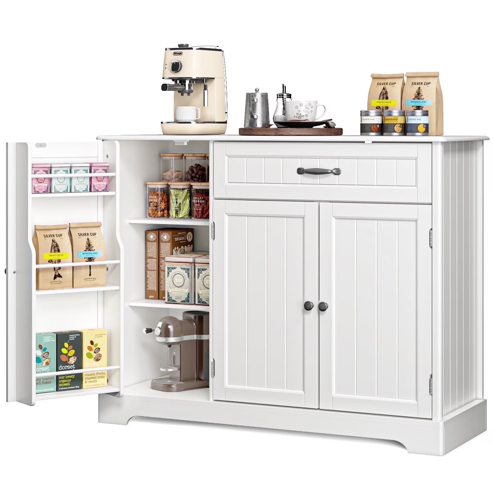 Coffee Bar. Lofka 42 Kitchen Storage Cabinet. Sideboard Buffet Cabinet with 8 Shelves. 1 Drawer