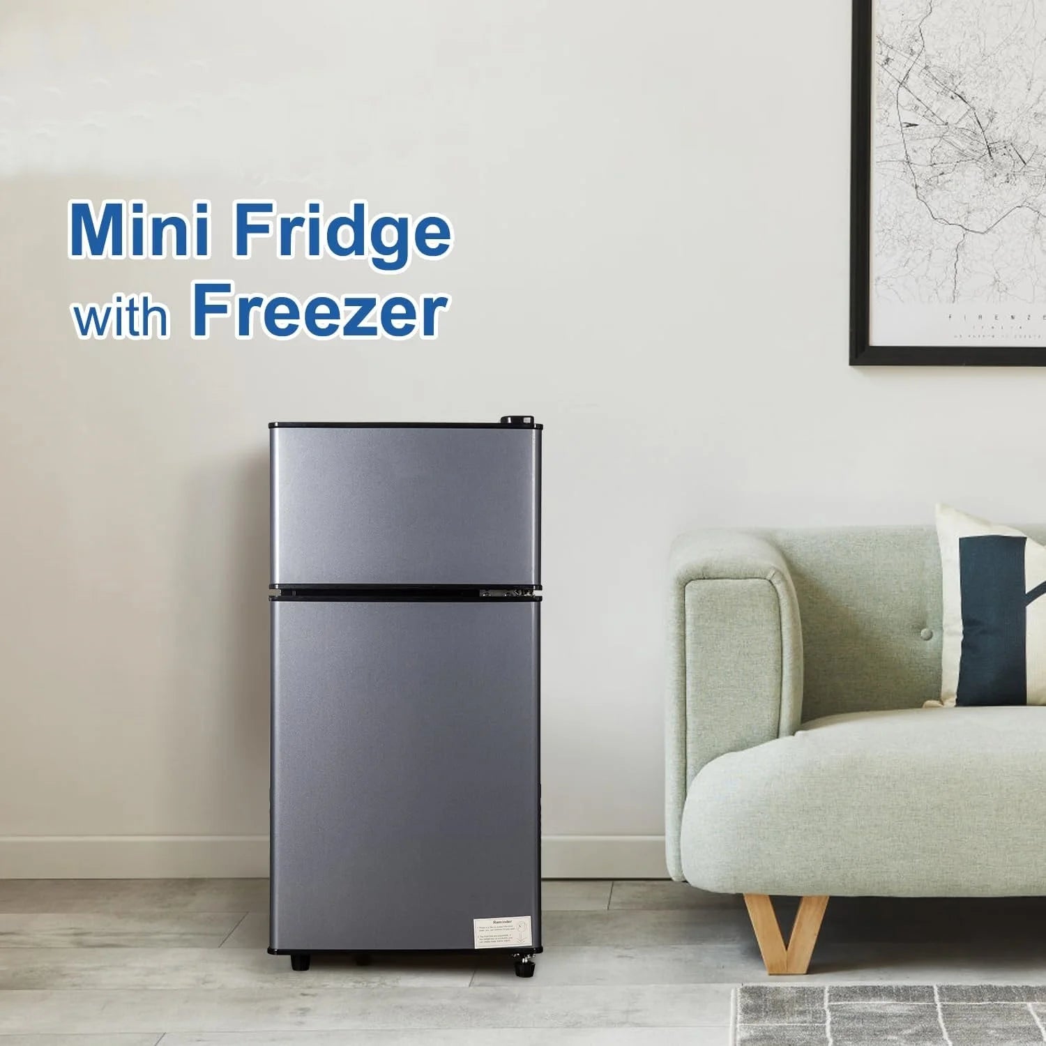 Kcpolre Mini Fridge with Freezer. 2.5 Cu.ft Small Fridge. Low Noise.7 Adjustable Thermostat. Double Door Small Refrigerator for Dorm. Bedroom. Office. Blue