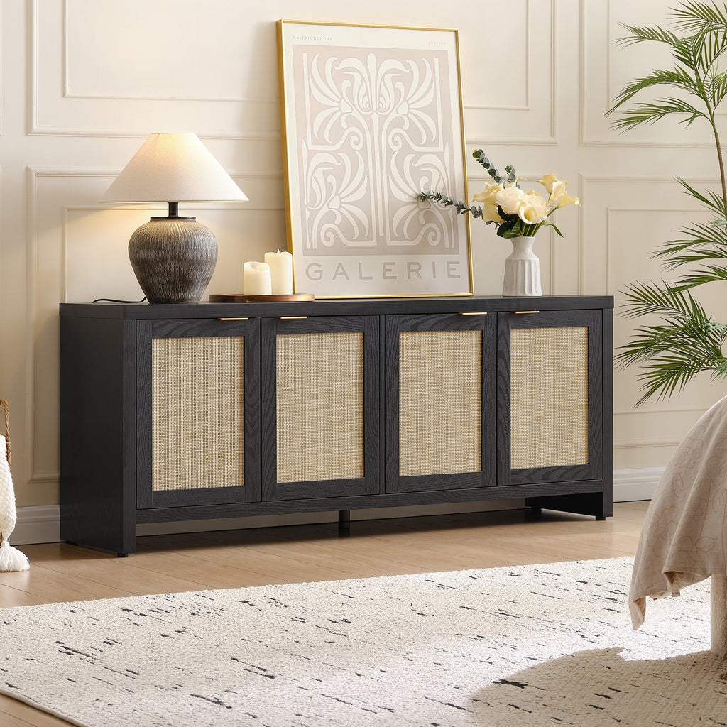 SICOTAS 61.5W Rattan TV Stand with 4 Doors. Boho Entertainment Center with Adjustable Shelves & Spacious Countertop �C Large Boho Farmhouse Media Console for Living Room. Reclaimed Caramel Oak