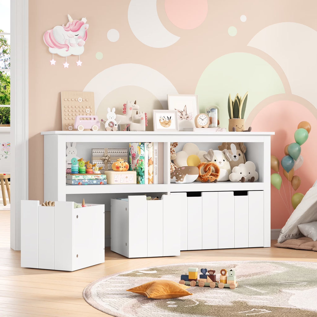 Homfa Kids Toy Storage with 4 Drawers. Cubes Storage Bin with Shelves and Wheels for Kids Living Room. White