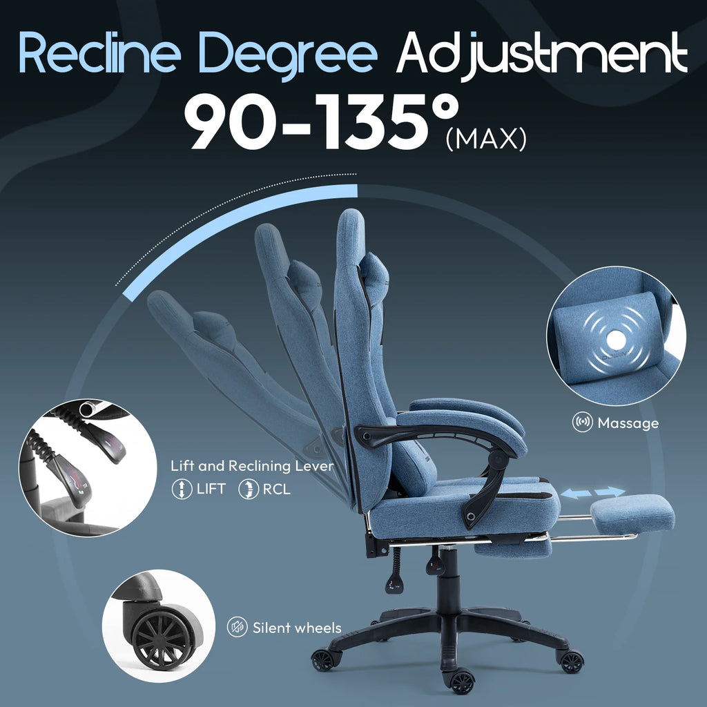 GOOSEA Fabric Gaming Chair with Pocket Spring Cushion. Breathable Computer Chair with Massage Lumbar Support and Footrest. High Back Office Chair for Adults. 300lbs. Grey