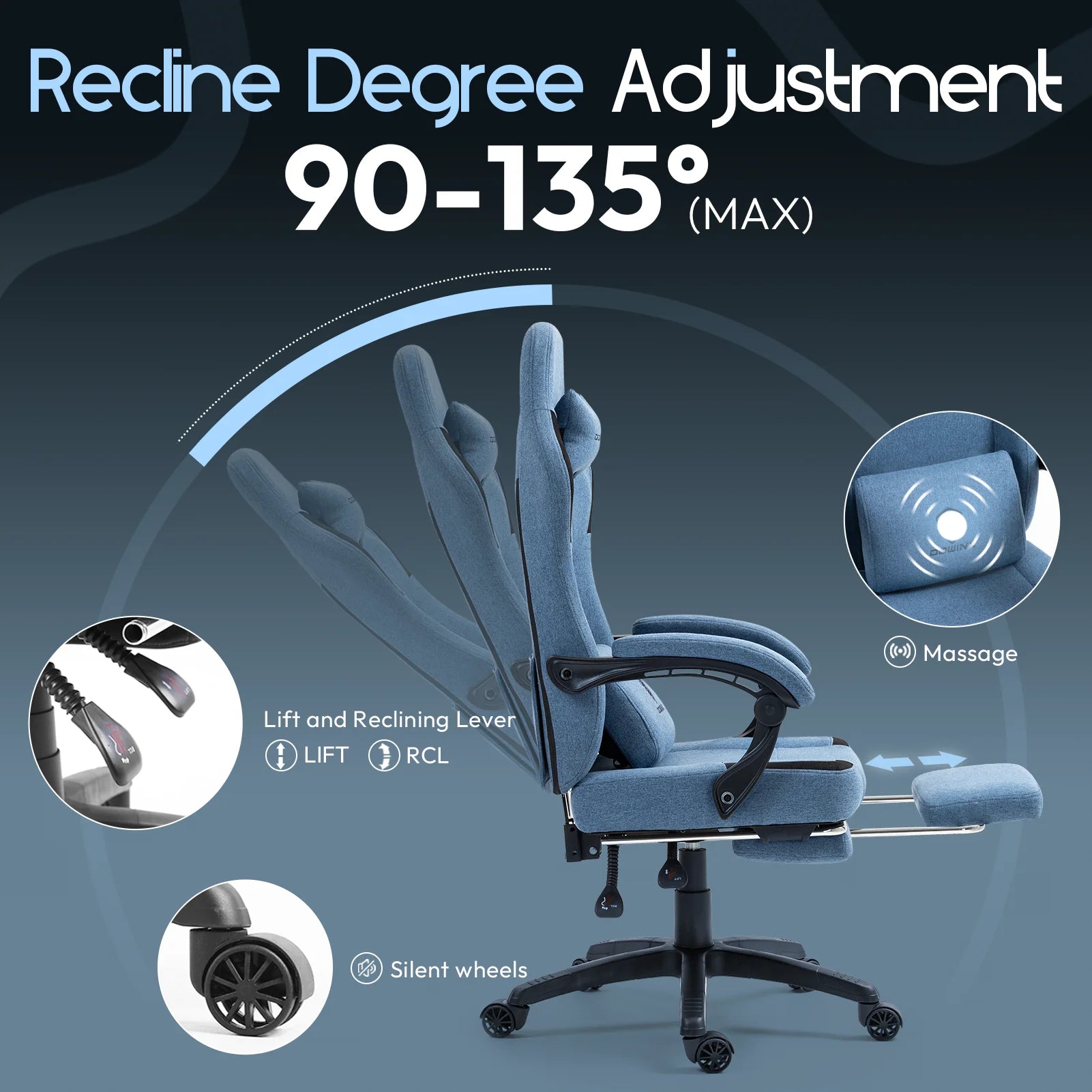 GOOSEA Fabric Gaming Chair with Pocket Spring Cushion. Breathable Computer Chair with Massage Lumbar Support and Footrest. High Back Office Chair for Adults. 300lbs. Grey