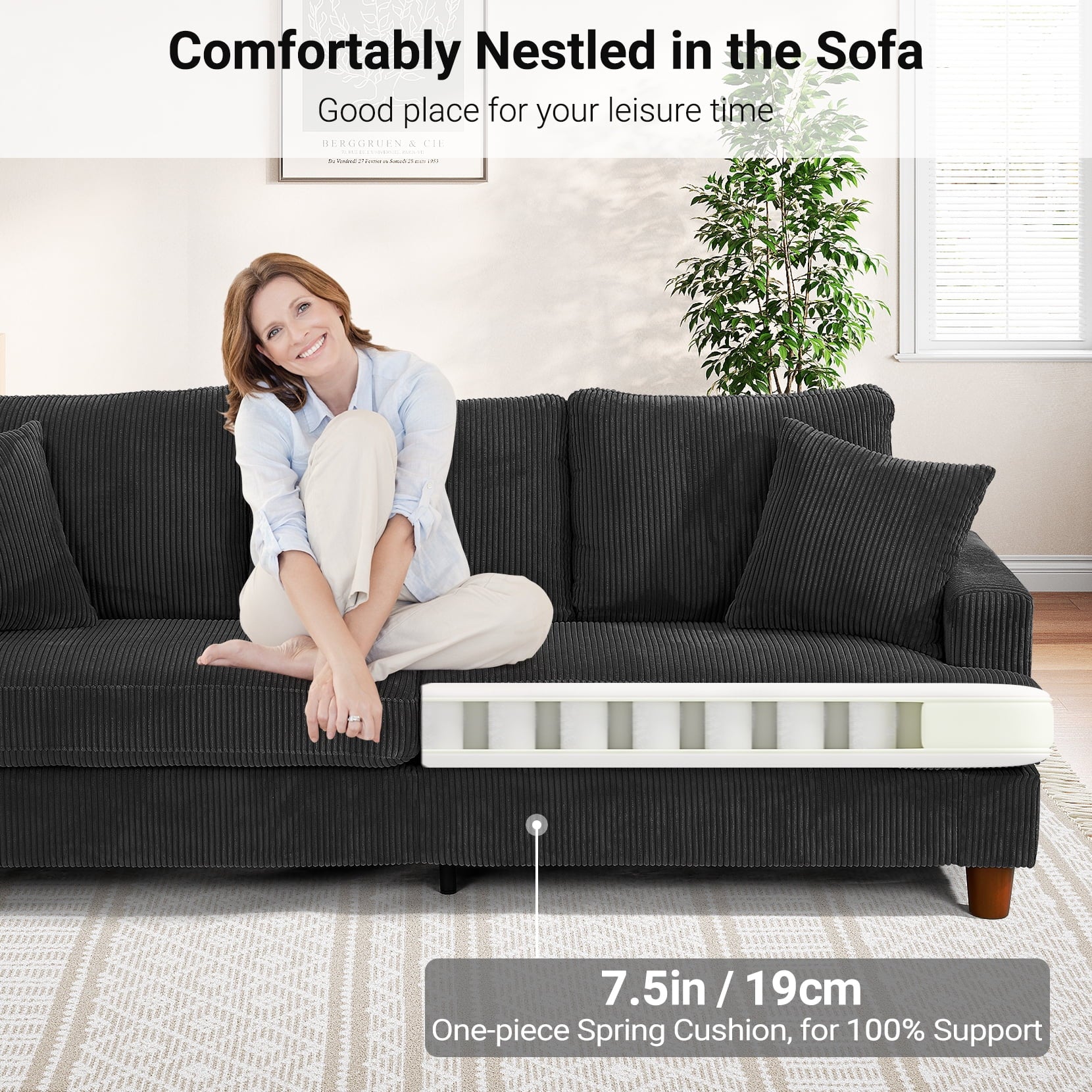 87 Corduroy Sofa.3 Seater Sofa with Extra Deep Seats.Neche Comfy Upholstered Couch for Living Room.2 Pillows.Green