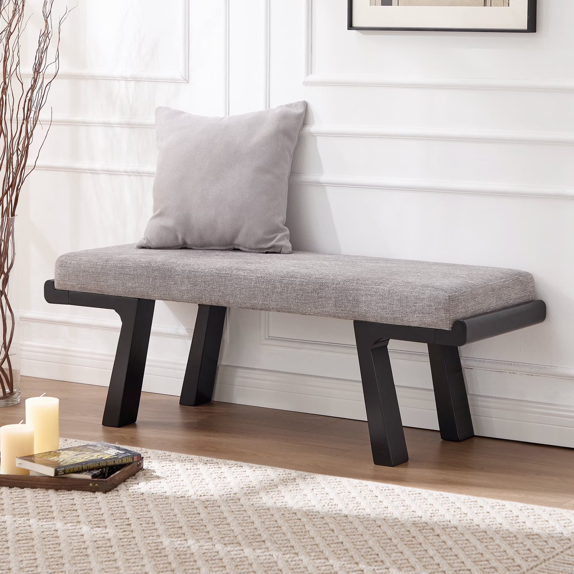 Zesthouse 47.4 Linen Upholstered Bench. Entryway Bench with Solid Wood Legs. Modern Ottoman Bench for Living Bedroom Room. Beige