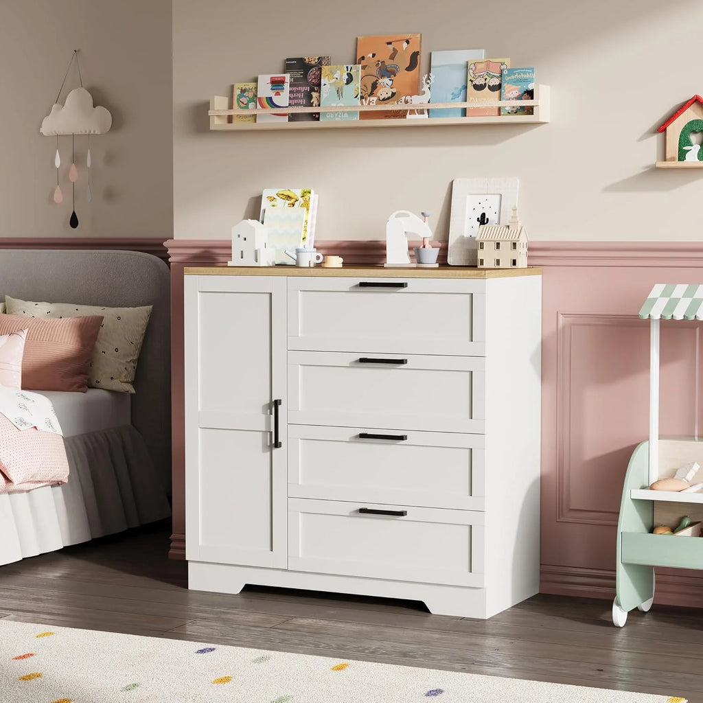 43.3 H Armoire Wardrobe Closet with 4 Drawers & Hanging Rod. Multifunctional Wood Storage Cabinet for Bedroom. Natural Oak