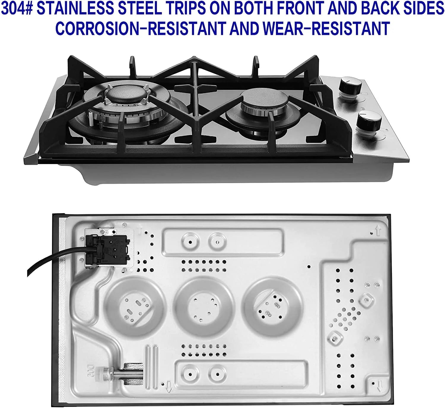 Gas Cooktop 12 inch Eascookchef Bulit-in Gas Stove Top 2 Burners NG/LPG Convertible Dual Burners