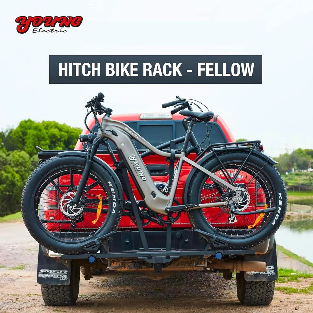 Young Electric Ebike Rack. 200lb Capacity. Alloy Steel Hitch Mount. Fits 5-Inch Fat Tire Bikes. 2-Inch Receiver