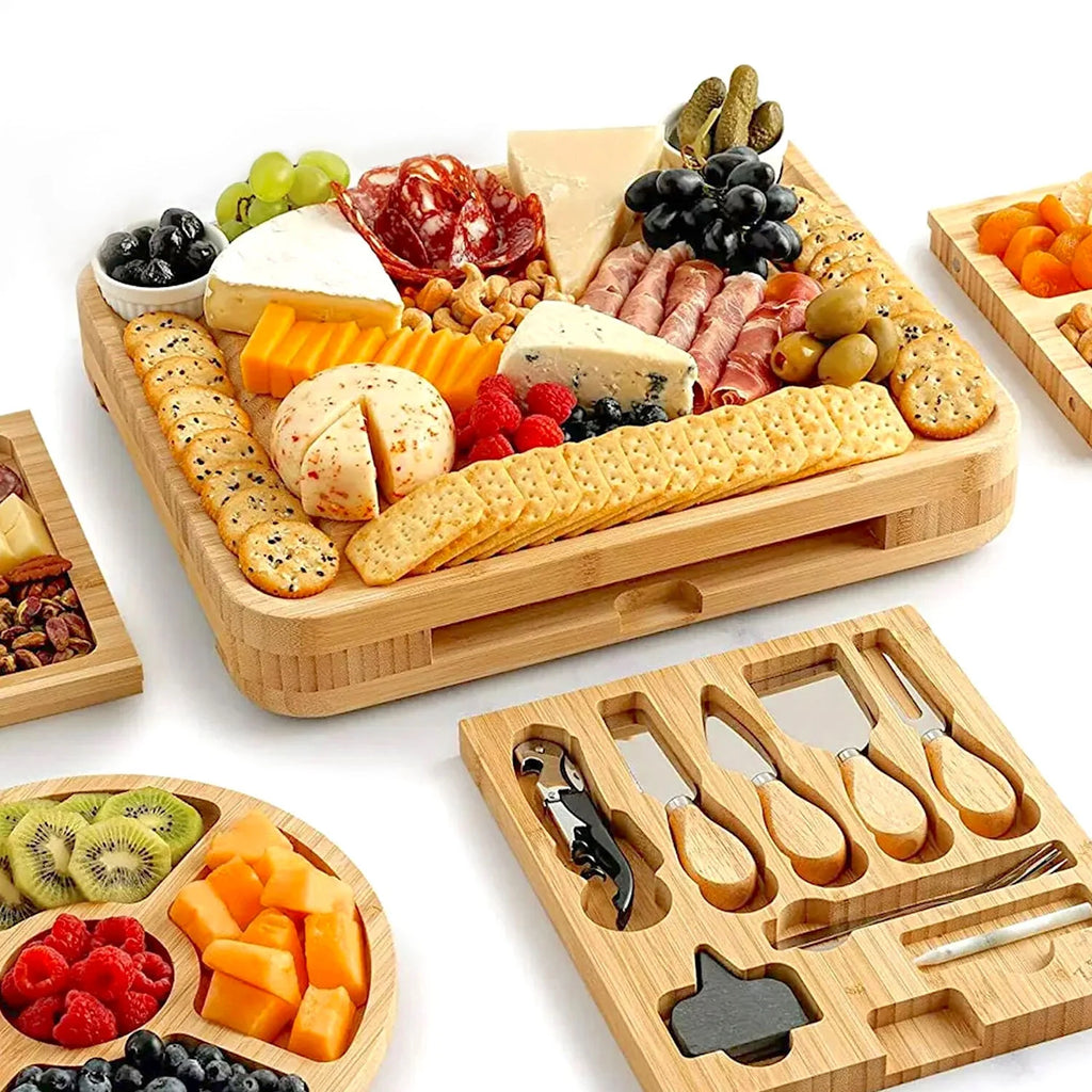 Zulay Kitchen Bamboo Cheese Board Set Extra Thick Charcuterie Board 15 Piece - Deluxe Set