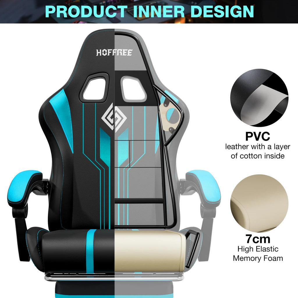 HOFFREE Big and Tall Gaming Chair with Speakers and RGB Lights. Gamer Chair with Footrest. Lumbar Support Height Adjustable 360-Swivel Seat and Headrest for Adults. 400lbs