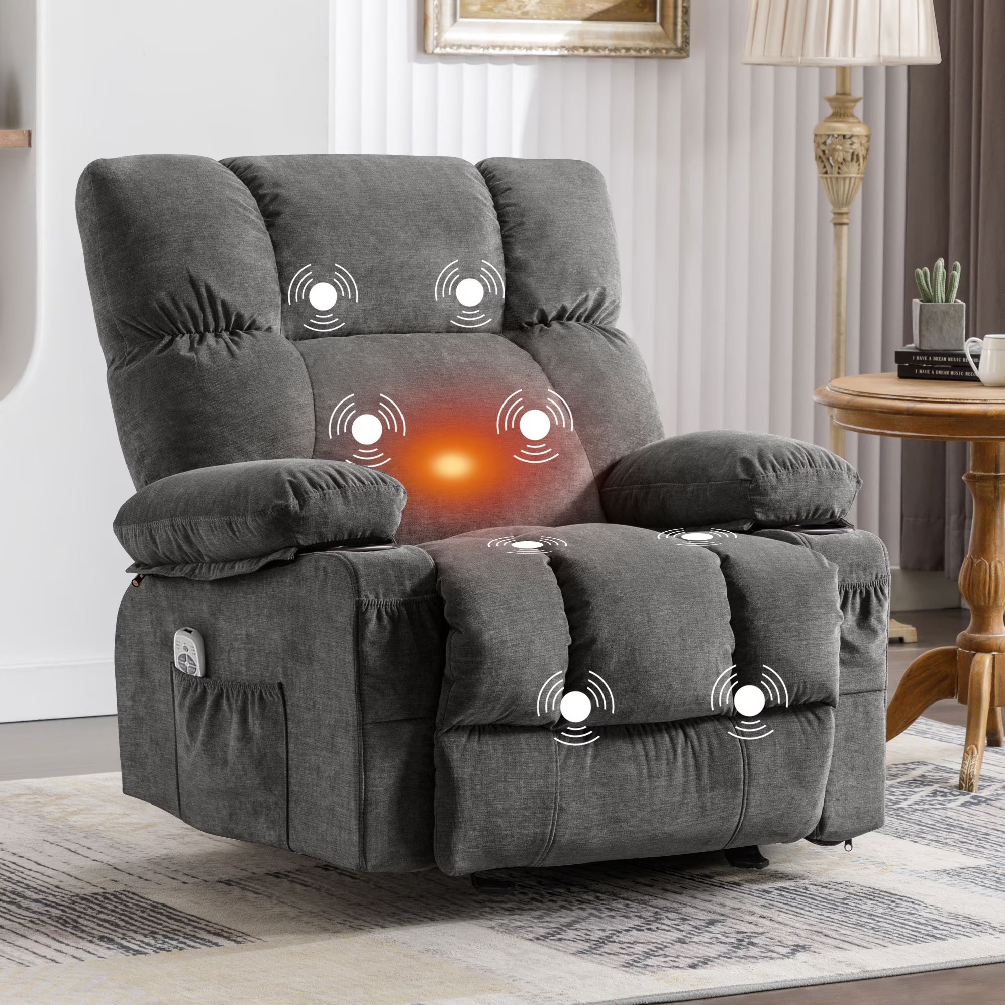 JONPONY Manual Recliner Chair with Heat Therapy and Massage Function. Heavy Duty Reclining Mechanism Massage Chair. Elderly Single Rocker Sofa with Cup Holders for Bedroom Home Theater.Grey